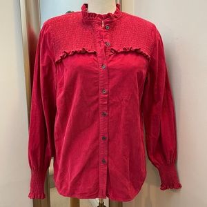Boden High collar corduroy cranberry button up blouse with smocked details 10